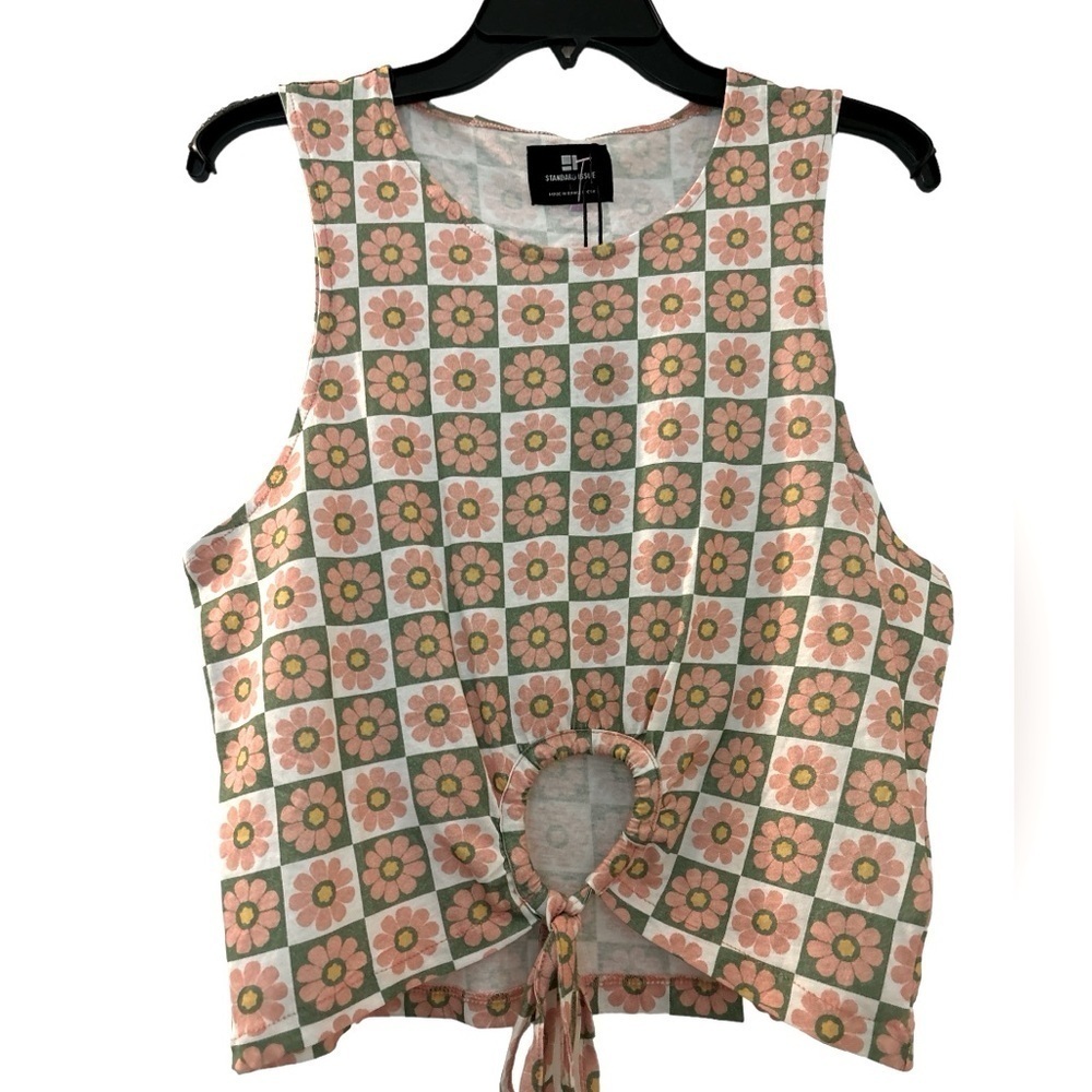 STANDARD ISSUE top, long crop top,pink flowers. Sleeveless, peephole tie.Coastal